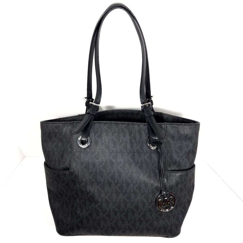 Michael Kors Jet Set EW Signature PVC Finish Leather Logo Tote Bag Black Pebbled